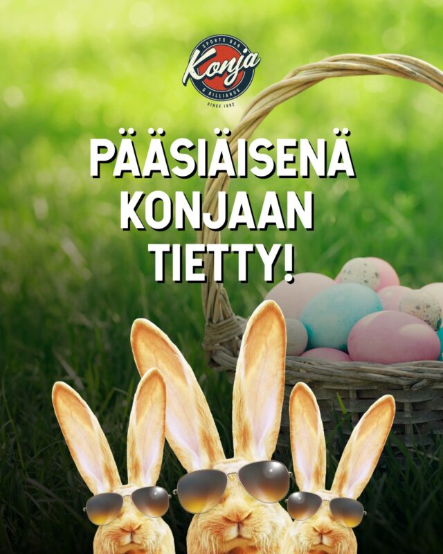 Konjassa pääsiäistä vietetään hyvässä seurassa, peleillä ja pienellä kisailulla – tervetuloa mukaan! 🍻

2.4. KIIRASTORSTAI
Avoinna klo 4.30 asti – aloita pääsiäisen vietto pitkän kaavan mukaan.

3.4. PITKÄPERJANTAI
🥚 Munankuljetus & bingo n. klo 17.... tasapainoa, tuuria ja hyvää fiilistä! Huom. Bingo jo noin klo 1730 ei klo 19

4.4. LANKALAUANTAI Munajahti & drinkkilippuja heti  aamusta löydätkö pääsiäismunan vai juomalipun?

5.4. PÄÄSIÄISSUNNUNTAI
🎲 Pääsiäisbingo n. klo 17. Perinteinen bingo pääsiäistwistillä.

6.4. MAANANTAI, 2. PÄÄSIÄISPÄIVÄ
🥚 Munakeno n. klo 17. Helppoa ja hauskaa – tule kokeilemaan onneasi.

Ota kaverit mukaan ja tule viettämään rennolla meiningillä pääsiäistä Konjaan. Saattaa löytyä yllätyksiäkin… 😉🐰