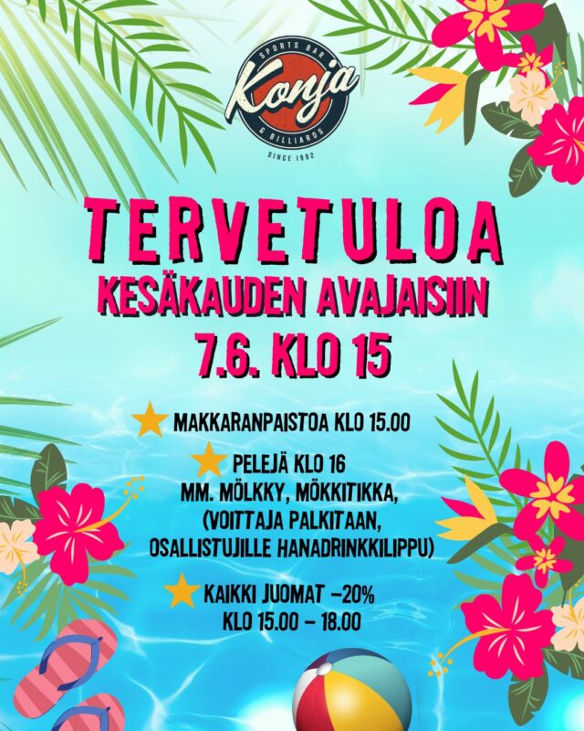 Konjassa juhlitaan terassikauden avajaisia lauantaina 7.6. 🔥 Makkarat kärisee klo 15:00 alkaen ja luvassa myös mökkipelien parhaimmistoa eli mm. mölkkyä ja tikanheittoa! 🎯 Voittajille luvassa palkintoja! 💳 Kaikki juomat -20% klo 15-18 välisen ajan, joten kuivin suinhan me emme terassia availe! ☀️