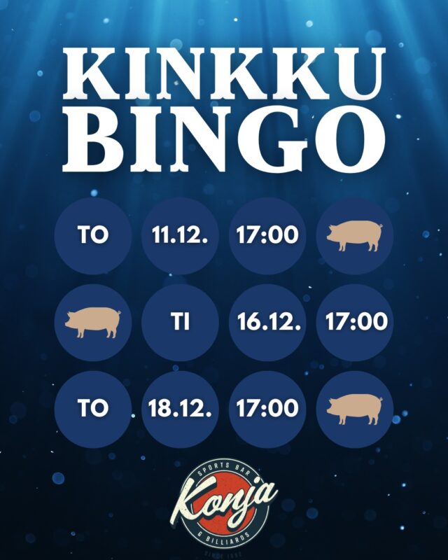 Tervetuloa pelaamaan kinkkubingoa Konjaan! 🎅🏻 
Tiedossa kahden kierroksen bingo, josta toisen kierroksen palkintona joulukinkku! 🐽 Päivät ovat to 11.12. / ti 16.12. / to 18.12. klo 17 alkaen - tule ja voita itsellesi kinkku joulupöytään! 🍖