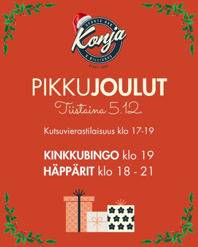 Konjan pikkujouluja vietetään tiistaina 5.12. 🎅🎁 Juhla alkaa kutsuvierastilaisuudella klo 17-19, jonka jälkeen päästään pelaamaan Kinkkubingoa klo 19! 🍖 Pidennettiin myös häppäreitä, alennukset klo 18-21 ajan ettei juhlakansan tarvitse kuivin suin istuskella! 🍻

#konjamalmi #malmi