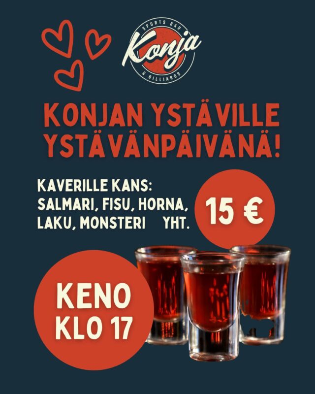 Ystävänpäivää juhlistetaan Konjassa 14.2. ystävänpäivänä juomatarjouksilla ja klo 17 pelataan Kenoa 🫶
Lämpimästi tervetuloa mukaan!
