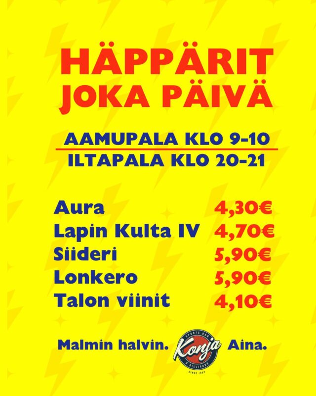 Malmin parhaat häppärit löydät joka päivä klo 9-10 ja 20-21 ajan meiltä Konjasta! 🍻
Tervetuloa kyläilemään, löydät meidät osoitteesta Torikatu 4!