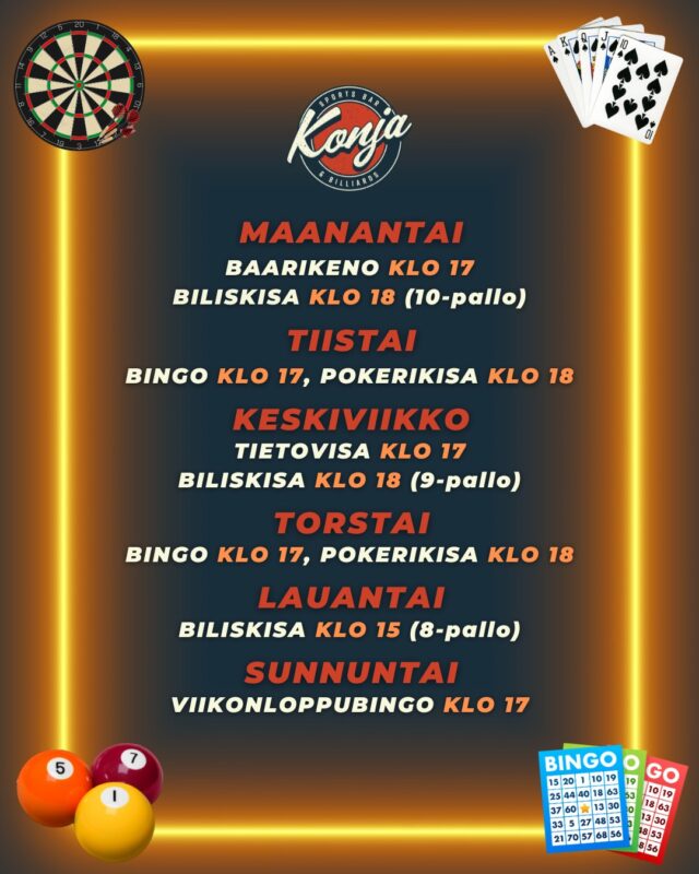 Ohjelmat palailevat pikkuhiljaa kesätauolta, joten tässäpä Konjan lukujärjestys tälle syksylle, olkaa hyvät! 📚 

Sunnuntain bingo jatkuu 10.8.
Keno jatkuu 11.8.
Tietovisa jatkuu 13.8.

Tervetuloa!