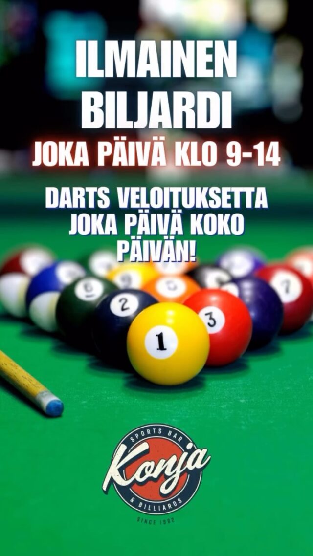 Tuu pelaa bilist Konjaan🎱. 

9-14 bilis veloituksetta ja darts koko päivän ilmainen🫣
#malmi #konjamalmi #helsinki #biljardi #darts